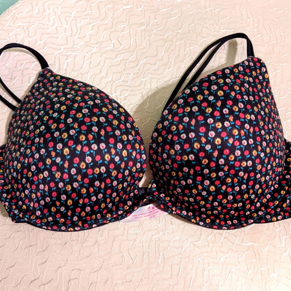 Victoria's Secret Pink Padded Bra, Black with  pink and white flowers, 34C